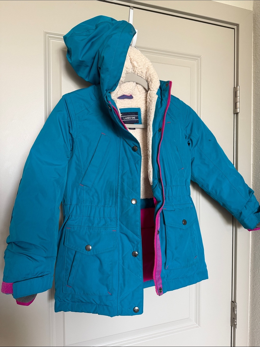 Lands' End Teal Hooded Puffer Jacket with Pink Trim